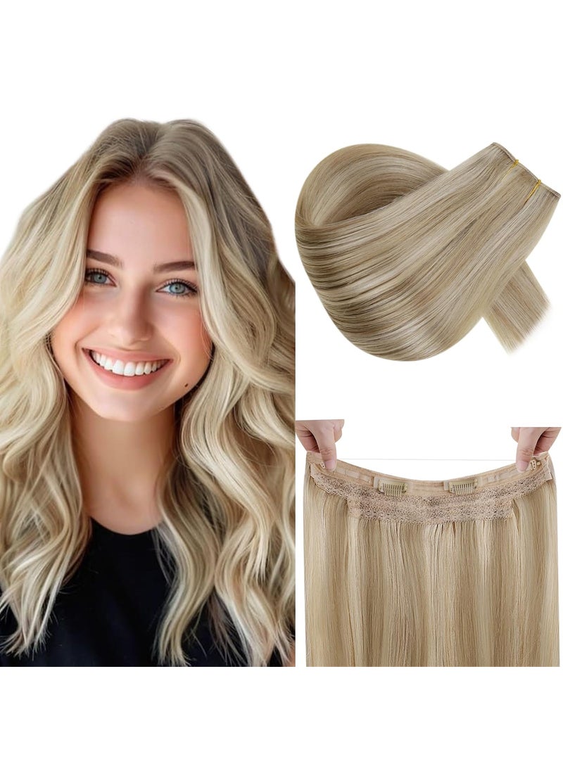 RUNATURE RUNATURE Wire Human Hair Extensions Dark Blonde Highlight Golden Blonde Fish Wire Hair Extensions Real Human Hair Invisible Wire Hair Extensions 16 Inch 80g 