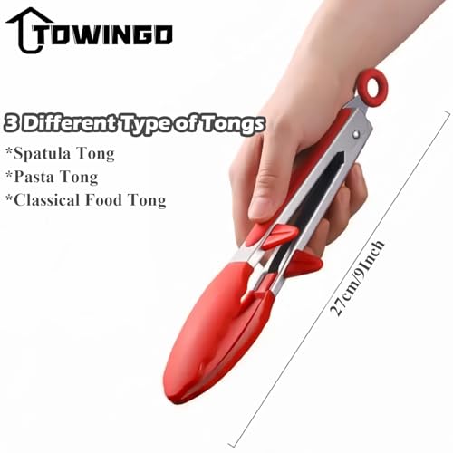 TOWINGO Kitchen Tongs, 9 Inch Tongs for Cooking with Silicone Tips, Food Grade Mini Serving Tong for Nonstick Pans, BBQ, Salad, Set of 3, Red - Image 4