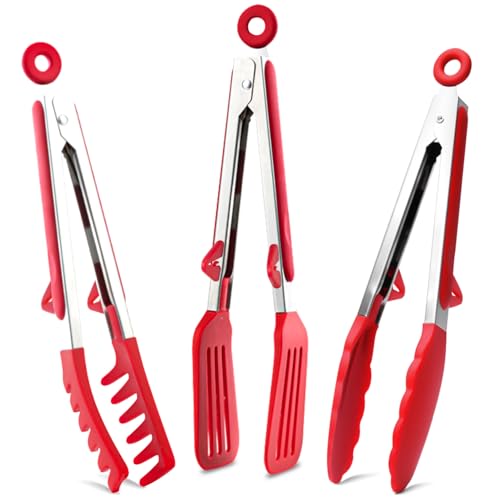 TOWINGO Kitchen Tongs, 9 Inch Tongs for Cooking with Silicone Tips, Food Grade Mini Serving Tong for Nonstick Pans, BBQ, Salad, Set of 3, Red - Image 1