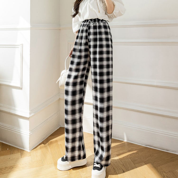 Ice Silk Wide Leg Pants Womens Summer Thin New Chinese Ink National Style Cool Sun Protection Pants High Waist Casual Pants Trousers black plaid