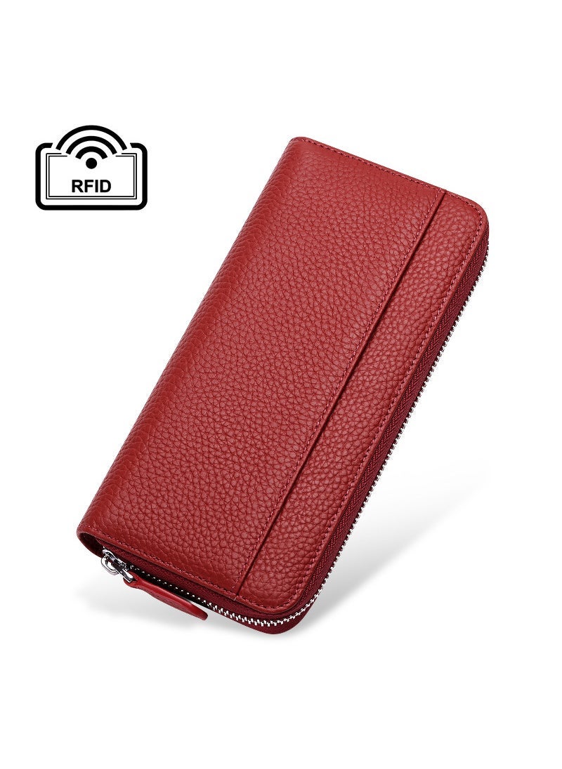 Genuine Leather Womens Long Zipper Litchi Pattern Cow Leather Japanese Hand wallet Japanese Style Long Tochigi Caibu wallet Burgundy 