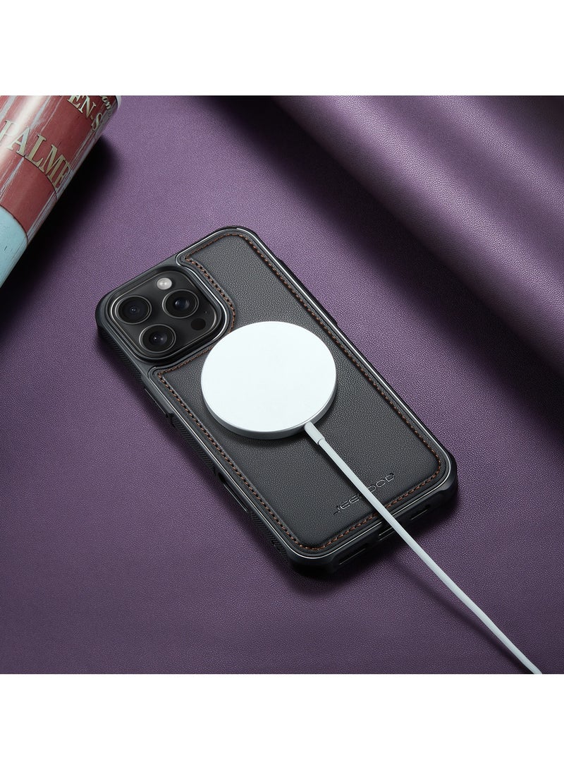 JEEHOOD Phone Case cover Luxury PU Leather Back Cover Cover Magnetic Wireless Charging Compatible with   IPhone 16 Pro Max (Black) - Image 2
