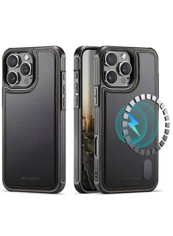 JEEHOOD Phone Case cover Luxury PU Leather Back Cover Cover Magnetic Wireless Charging Compatible with   IPhone 16 Pro Max (Black) - Image 1
