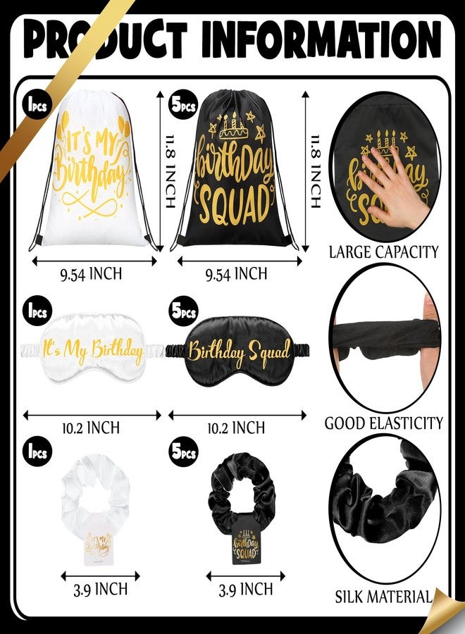Bunnycool 18 Pcs Birthday Squad Party Favors with 6 Squad Drawstring Bag 6 Satin Eye Mask Satin 6 Hair Scrunchies Spa Birthday Party Favor for Queen Women 20th 30th 40th 50th 60th Decoration(Black) - Image 2