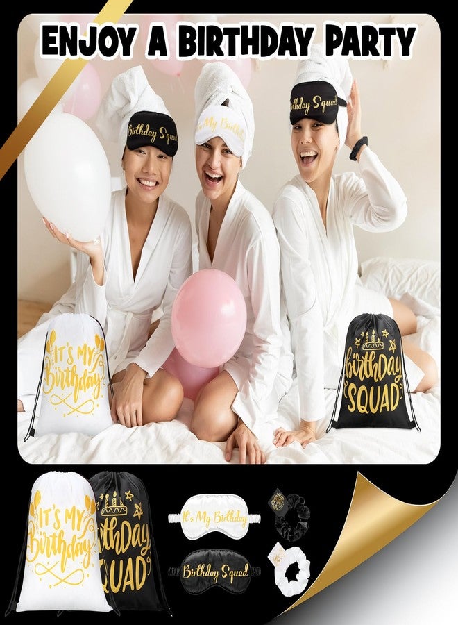 Bunnycool 18 Pcs Birthday Squad Party Favors with 6 Squad Drawstring Bag 6 Satin Eye Mask Satin 6 Hair Scrunchies Spa Birthday Party Favor for Queen Women 20th 30th 40th 50th 60th Decoration(Black) - Image 5