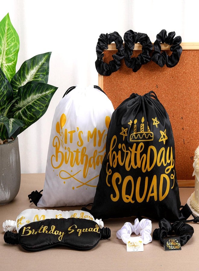 Bunnycool 18 Pcs Birthday Squad Party Favors with 6 Squad Drawstring Bag 6 Satin Eye Mask Satin 6 Hair Scrunchies Spa Birthday Party Favor for Queen Women 20th 30th 40th 50th 60th Decoration(Black) - Image 3