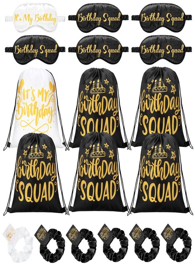Bunnycool 18 Pcs Birthday Squad Party Favors with 6 Squad Drawstring Bag 6 Satin Eye Mask Satin 6 Hair Scrunchies Spa Birthday Party Favor for Queen Women 20th 30th 40th 50th 60th Decoration(Black) - Image 1