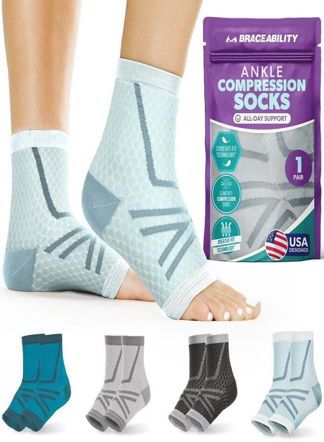 BraceAbility Athletic Ankle Compression Socks for Men and Women - Toeless Running Ankle Brace Support Sleeves for Sports, Workouts, Plantar Fasciitis, Achilles Tendonitis, Foot Pain (XS - Light Blue) - Image 1