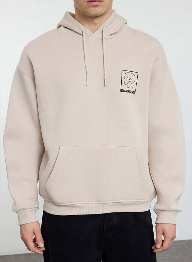 trendyol Stone Oversize/Wide Cut Hooded Fleece Embroidered Sweatshirt TMNAW25SW00065 - Image 3