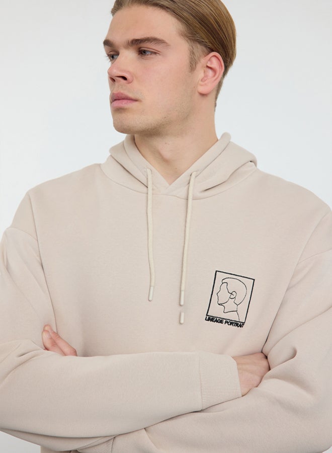 trendyol Stone Oversize/Wide Cut Hooded Fleece Embroidered Sweatshirt TMNAW25SW00065 - Image 2