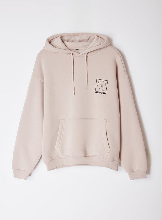 trendyol Stone Oversize/Wide Cut Hooded Fleece Embroidered Sweatshirt TMNAW25SW00065 - Image 5