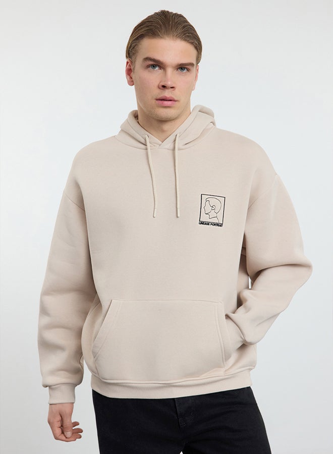 trendyol Stone Oversize/Wide Cut Hooded Fleece Embroidered Sweatshirt TMNAW25SW00065 - Image 1