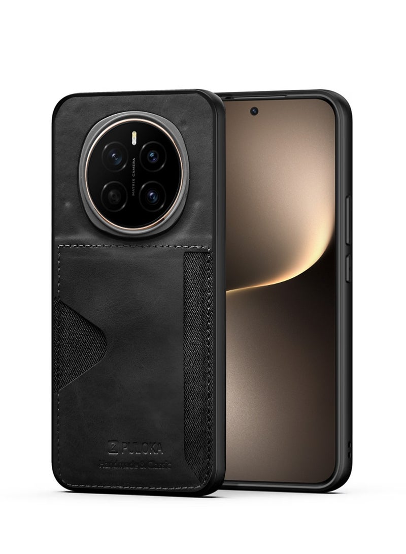 PULOKA Honor Magic7 5G 2024 Card Holder Skin-feel Leather Back Silicone Sides Case Cover - Black - Image 1