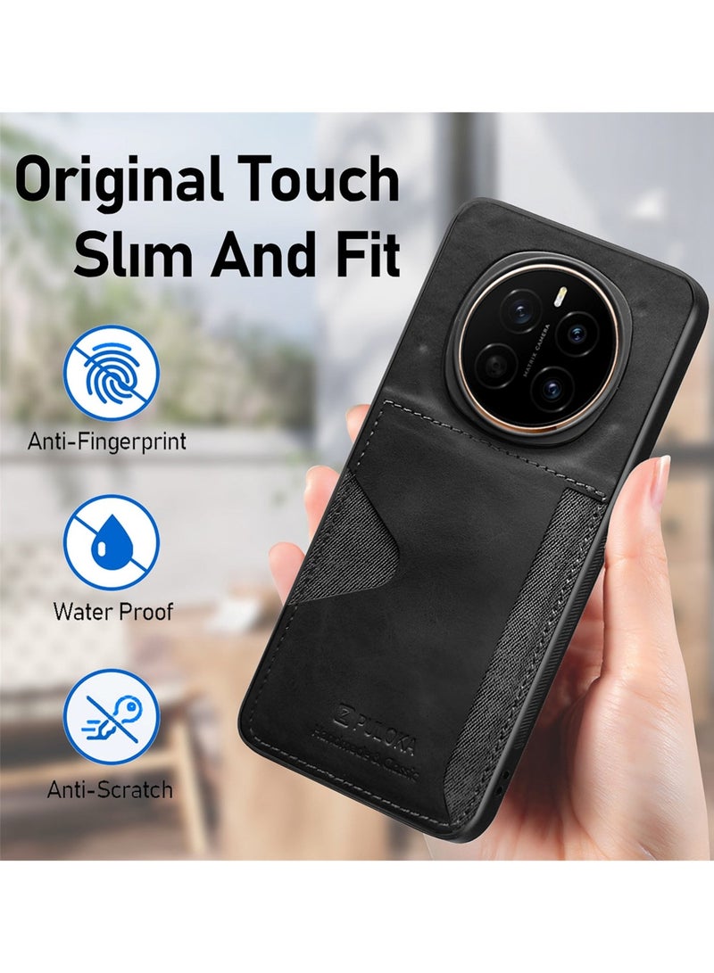 PULOKA Honor Magic7 5G 2024 Card Holder Skin-feel Leather Back Silicone Sides Case Cover - Black - Image 2