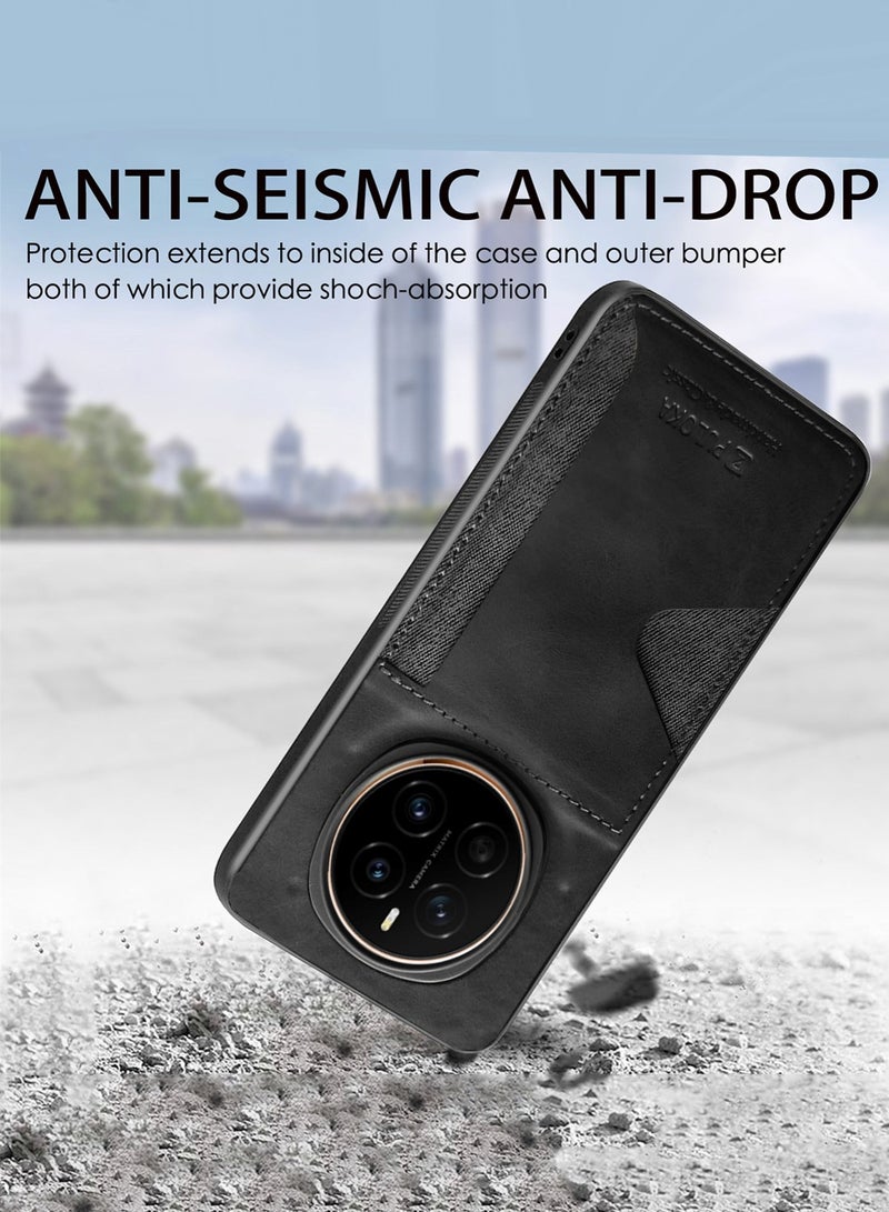 PULOKA Honor Magic7 5G 2024 Card Holder Skin-feel Leather Back Silicone Sides Case Cover - Black - Image 3