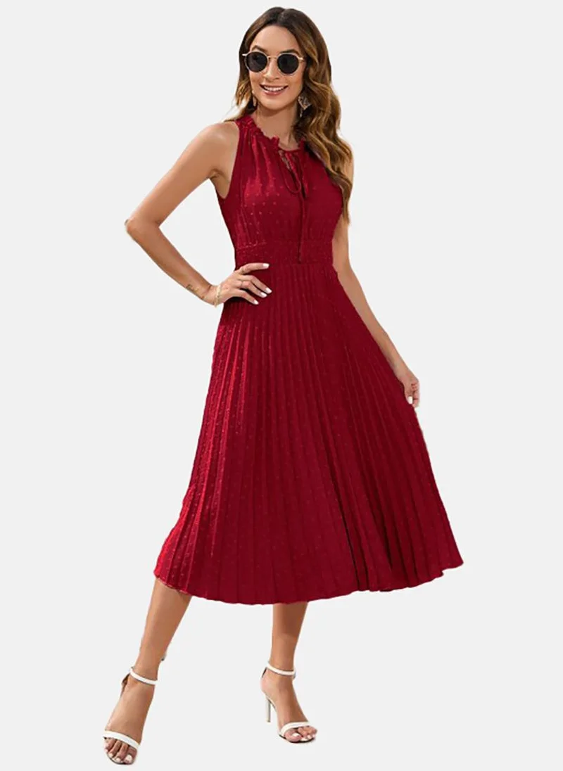 YUNIQEE Red Flared Solid Crew Neck Sleeveless Dress