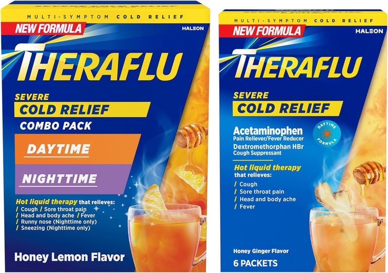 Theraflu Severe Cold Relief Hot Liquid Powder Combo: 12ct Daytime/Nighttime Honey Lemon Flavor + 6ct Daytime Honey Ginger Flavor