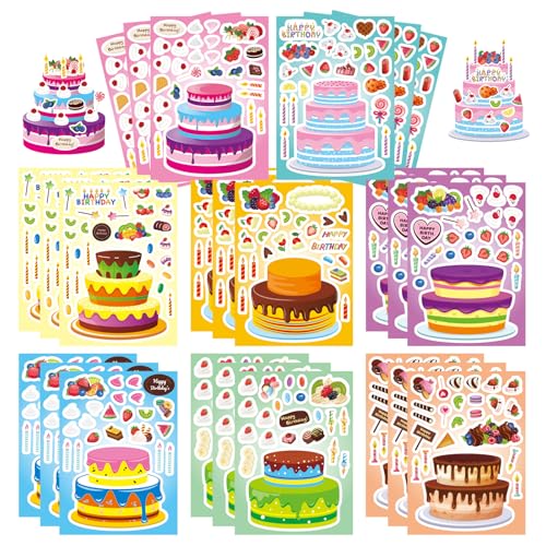 DUJAA 24 Sheets Birthday Stickers MakeaCake Sticker for Kids Birthday Cake Sticker Set Color Cartoon Style Paper Material Indoor Use Kids Party Gift Scrapbook Decor 24 Count - Image 1