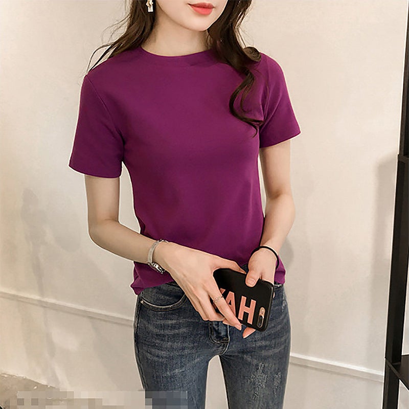 2023 spring cross-border western style bottoming shirt fashionable Korean chic retro round neck basic short sleeve t-shirt for women solid purple  - Image 1