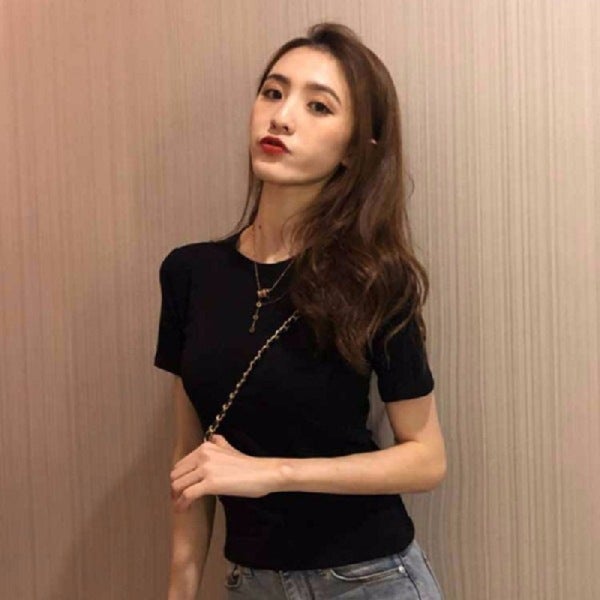 2023 spring cross-border western style bottoming shirt fashionable Korean chic retro round neck basic short sleeve t-shirt for women solid purple  - Image 2