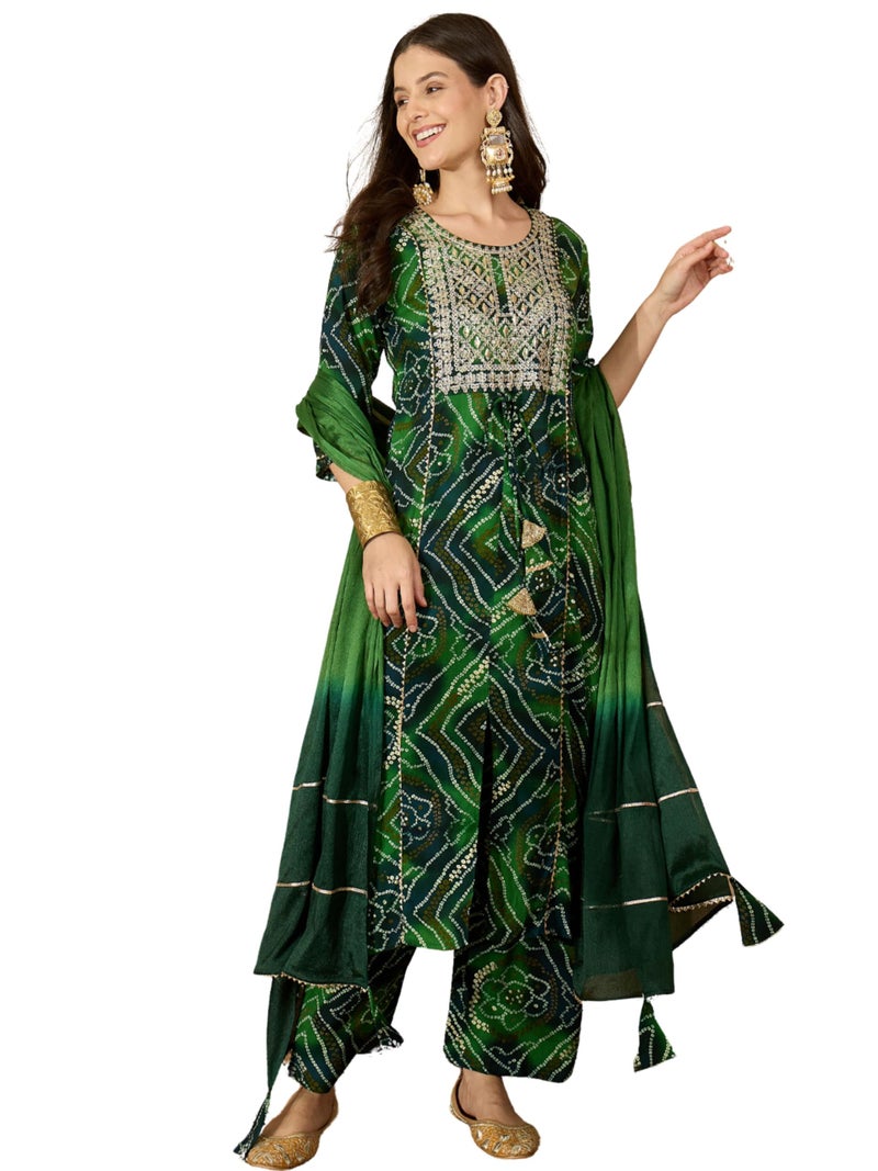 EthnicJunction Women's Pure Viscose Bandhani Print and Embroidered Work Kurta Palazzo and Dupatta Set | Ethnic Set for Women | Wedding Suit | Kurta Palaazo Set | Bandhni Kurta Set Bottle Green - Image 1
