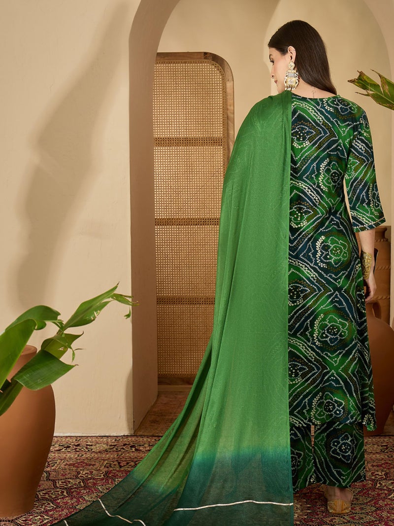 EthnicJunction Women's Pure Viscose Bandhani Print and Embroidered Work Kurta Palazzo and Dupatta Set | Ethnic Set for Women | Wedding Suit | Kurta Palaazo Set | Bandhni Kurta Set Bottle Green - Image 5