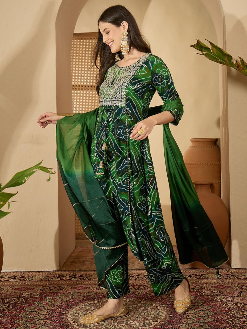 EthnicJunction Women's Pure Viscose Bandhani Print and Embroidered Work Kurta Palazzo and Dupatta Set | Ethnic Set for Women | Wedding Suit | Kurta Palaazo Set | Bandhni Kurta Set Bottle Green - Image 4