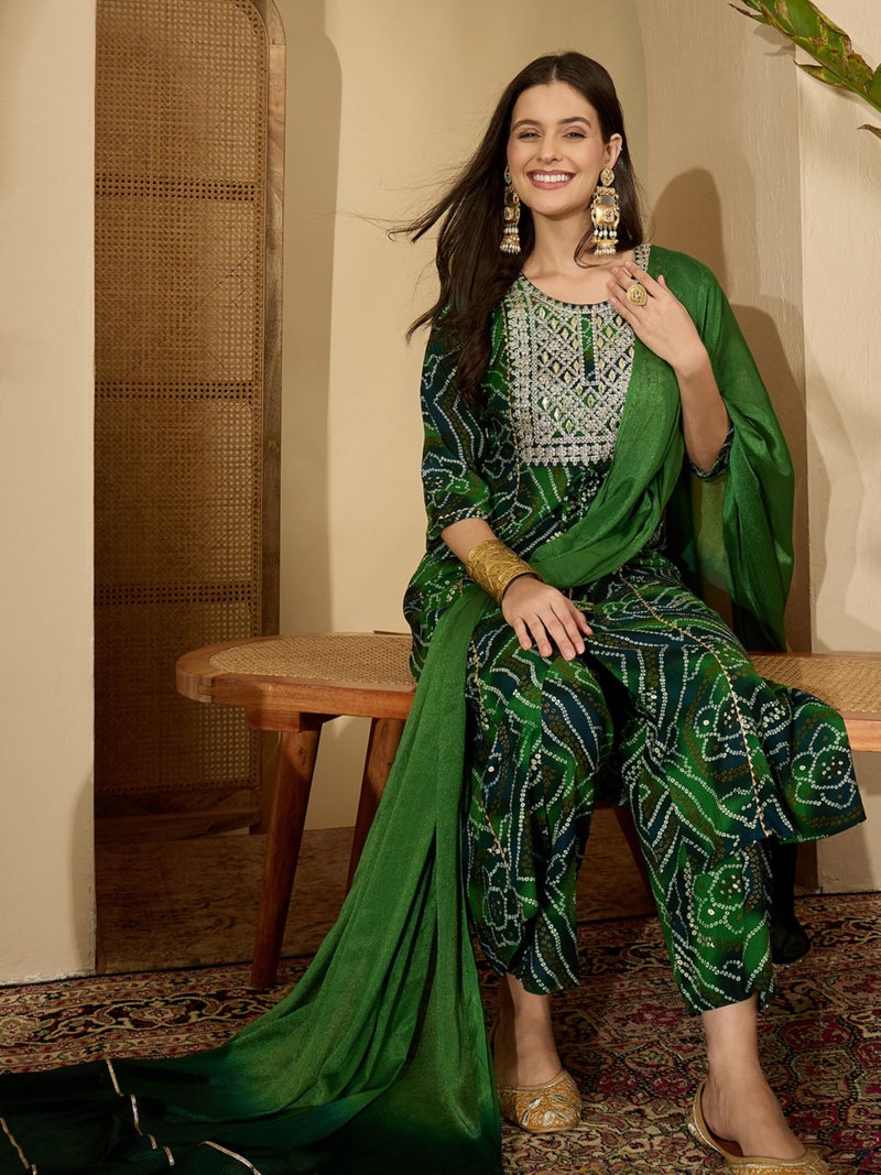 EthnicJunction Women's Pure Viscose Bandhani Print and Embroidered Work Kurta Palazzo and Dupatta Set | Ethnic Set for Women | Wedding Suit | Kurta Palaazo Set | Bandhni Kurta Set Bottle Green - Image 2