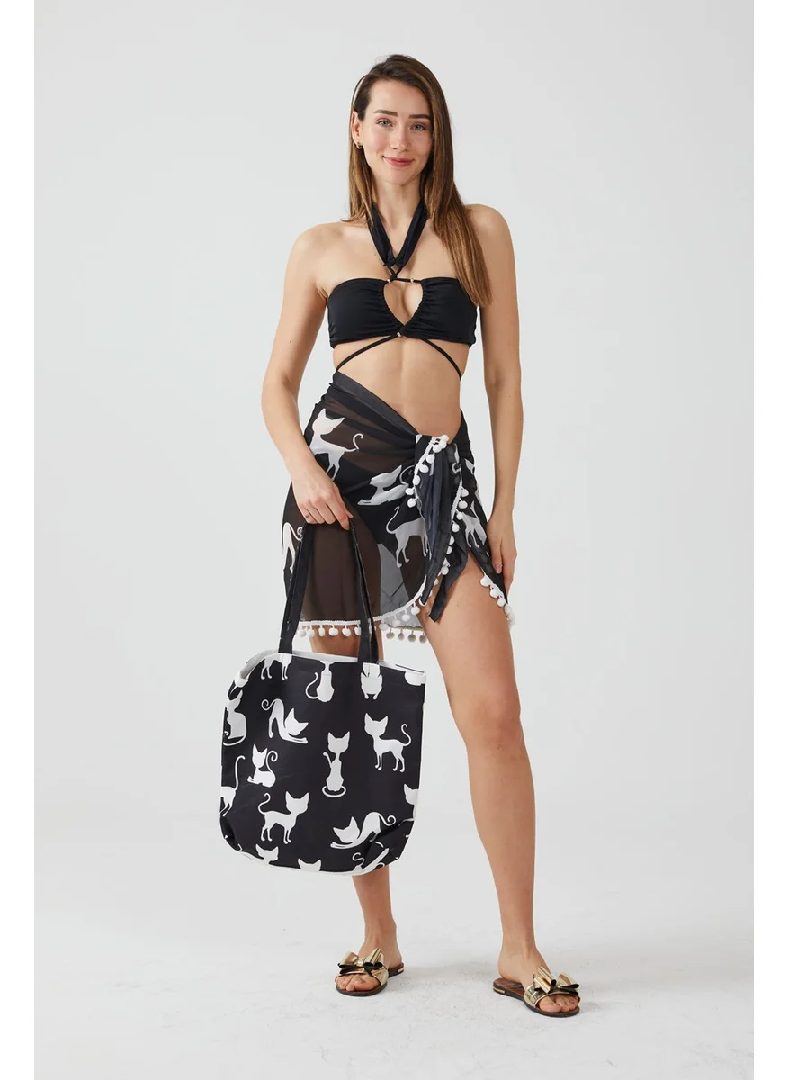 Ays Home Black Cat Pattern Pompom Pareo Beach Dress