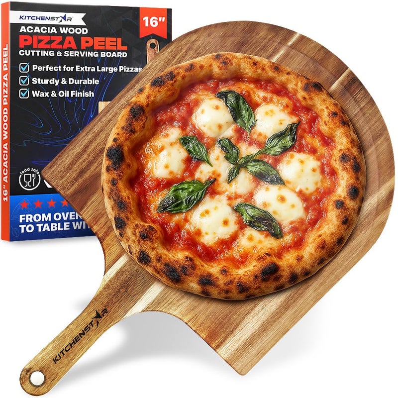 KitchenStar 16Inch Acacia Wood Pizza Peel Extra Large Wooden Cutting Serving Board with Handle Natural Oil Finish Ideal Pizza Oven Accessory for Easy Sliding Prep