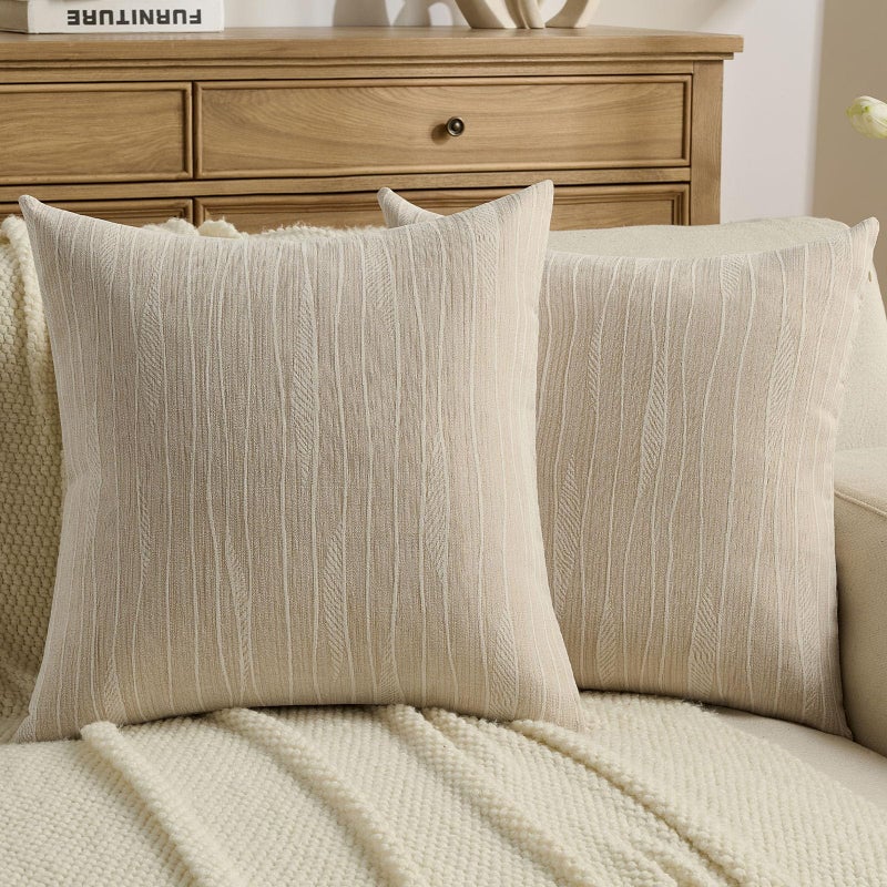 FUTEI Dyeing Beige Chenille Throw Pillow Covers 18x18 Inch Set of 2,Soft Line Textured Cushion Cases,Modern Home Decor for Couch Living Room - Image 1