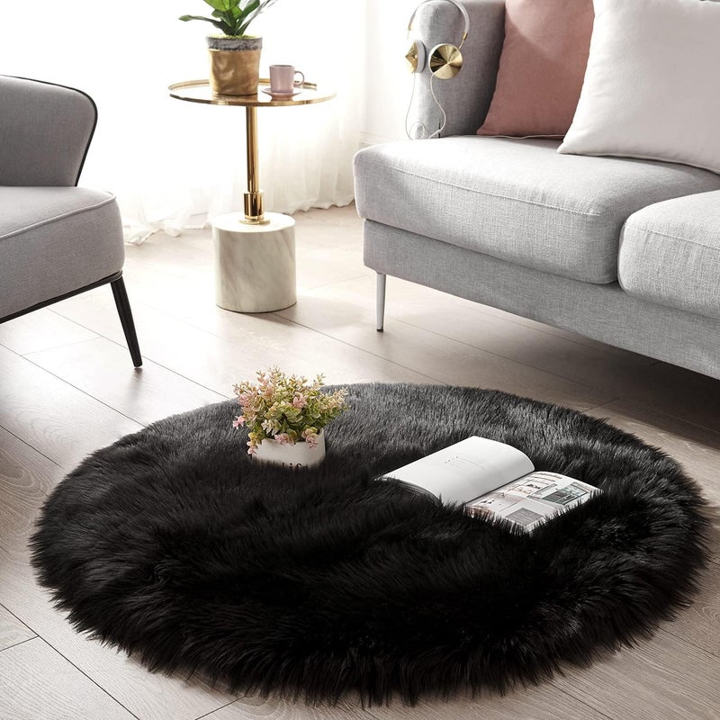 SERISSA Soft Faux Sheepskin Fur Rug for Bedroom Black Round Rug Circle Rugs for Living Room Circular Shaggy Rug Plush Circle Play Mats for Kids Girls Room Princess Castle Christmas, 5ft Diameter - Image 2