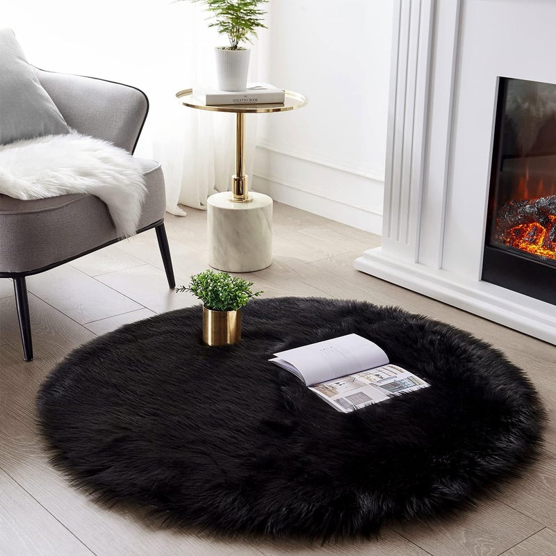 SERISSA Soft Faux Sheepskin Fur Rug for Bedroom Black Round Rug Circle Rugs for Living Room Circular Shaggy Rug Plush Circle Play Mats for Kids Girls Room Princess Castle Christmas, 5ft Diameter - Image 1