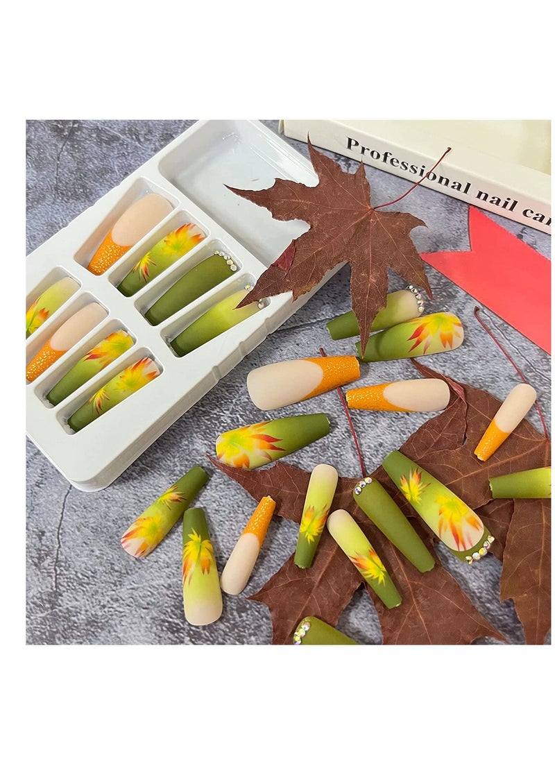 SYOSI Fall Press on Nails Long Coffin Fake Nails Full Cover Stick on Nails Autumn Thanksgiving Maple Leaves False Nails with Designs Yellow with Rhinestones Press on Nails Acrylic Nails for Women Girls - Image 3
