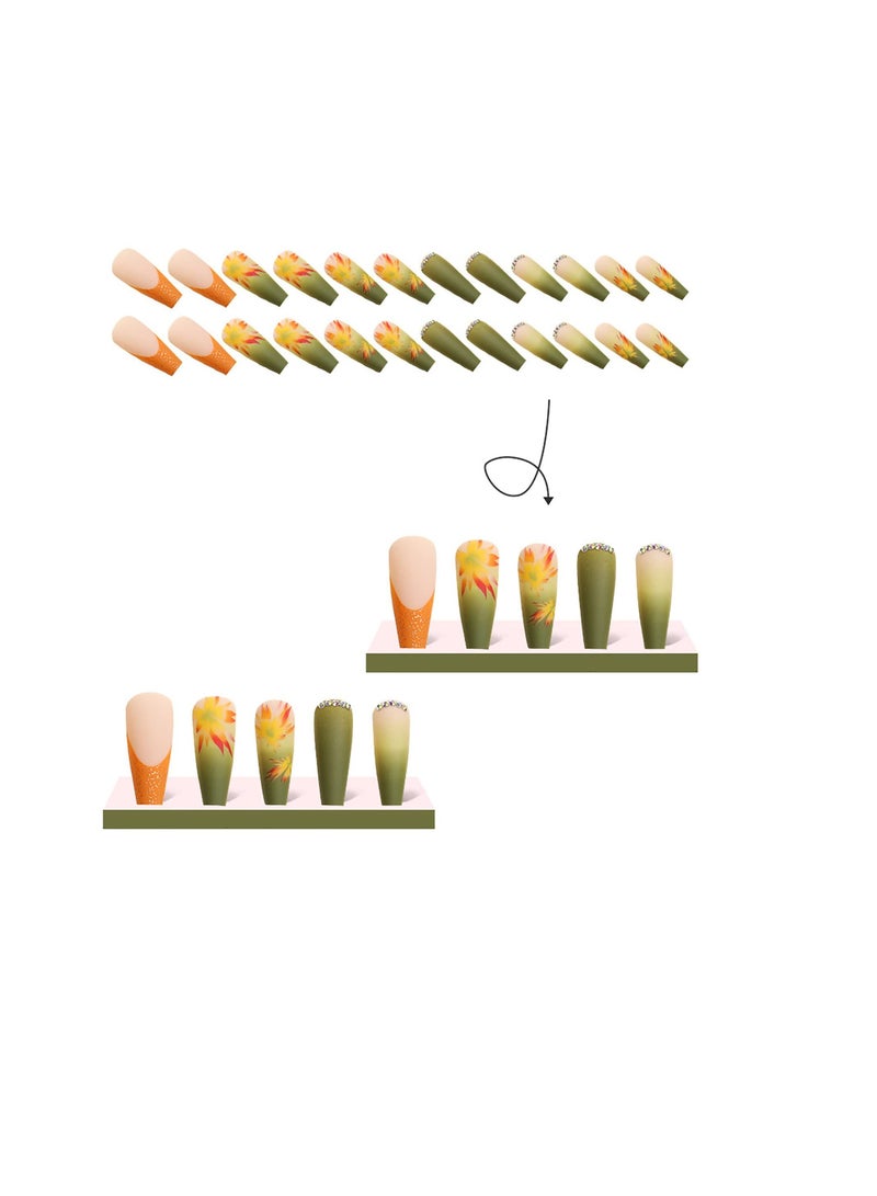 SYOSI Fall Press on Nails Long Coffin Fake Nails Full Cover Stick on Nails Autumn Thanksgiving Maple Leaves False Nails with Designs Yellow with Rhinestones Press on Nails Acrylic Nails for Women Girls - Image 5