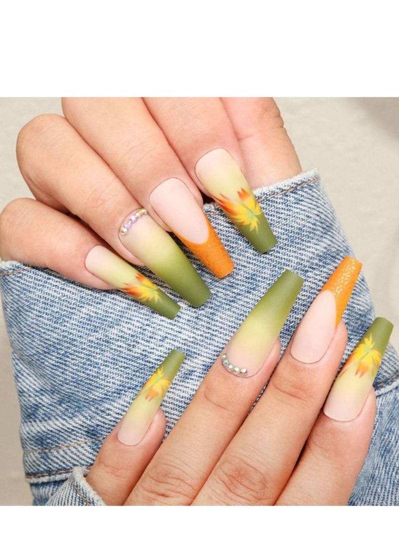 SYOSI Fall Press on Nails Long Coffin Fake Nails Full Cover Stick on Nails Autumn Thanksgiving Maple Leaves False Nails with Designs Yellow with Rhinestones Press on Nails Acrylic Nails for Women Girls - Image 1