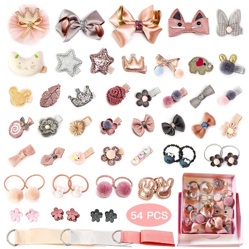 ZOCONE Baby Hair Clips and Hair Ties, 54pcs Cute Bow Hairpins Elastic Hair Bands Holders, Hair Accessories for Baby Girls Toddlers (Pink Grey Orange) - Image 1