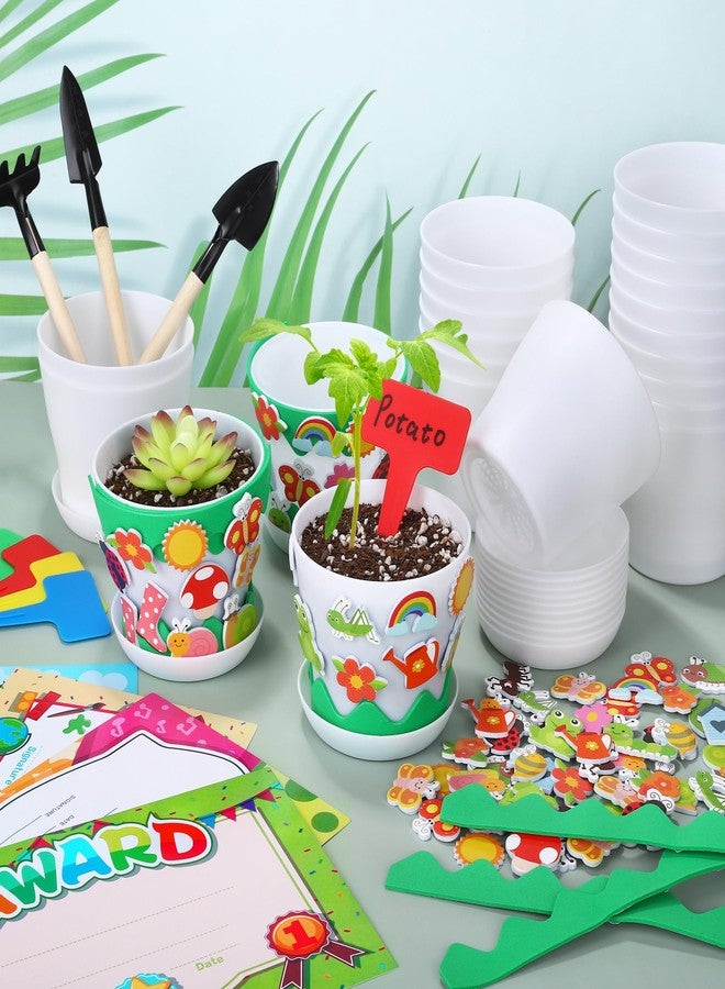 Elcoho 24 Packs Garden Plastic Pot Craft Kit Plant Spring Craft Kits for Kids Flower Pots with 150 Foam Stickers 36 Labels 24 Certificate of Awards 3 Tools Planting Growing Kit for Kids - Image 5