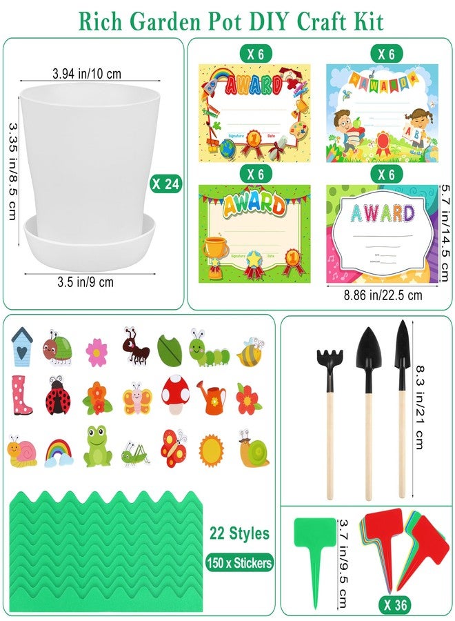 Elcoho 24 Packs Garden Plastic Pot Craft Kit Plant Spring Craft Kits for Kids Flower Pots with 150 Foam Stickers 36 Labels 24 Certificate of Awards 3 Tools Planting Growing Kit for Kids - Image 2