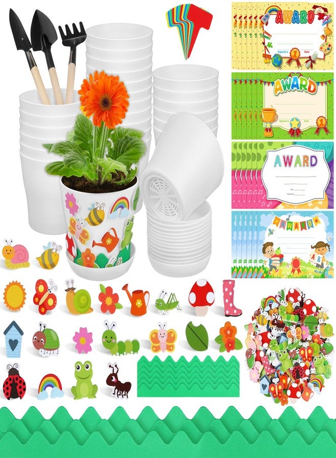 Elcoho 24 Packs Garden Plastic Pot Craft Kit Plant Spring Craft Kits for Kids Flower Pots with 150 Foam Stickers 36 Labels 24 Certificate of Awards 3 Tools Planting Growing Kit for Kids - Image 1