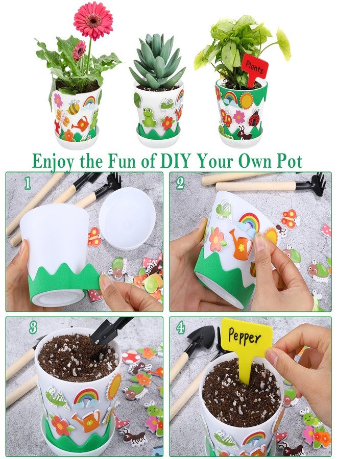 Elcoho 24 Packs Garden Plastic Pot Craft Kit Plant Spring Craft Kits for Kids Flower Pots with 150 Foam Stickers 36 Labels 24 Certificate of Awards 3 Tools Planting Growing Kit for Kids - Image 4