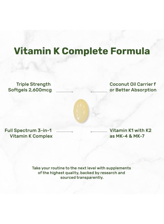 DEAL SUPPLEMENT فيتامين ك بريميوم كومبليت - فيتامين ك2 عالي الفعالية (Mk-7 و Mk-4) و K1، 240 كبسولة لينة مدعمة بزيت جوز الهند - طيف كامل من فيتامين ك الثلاثي، دعم مثالي لصحة العظام والقلب - Image 3