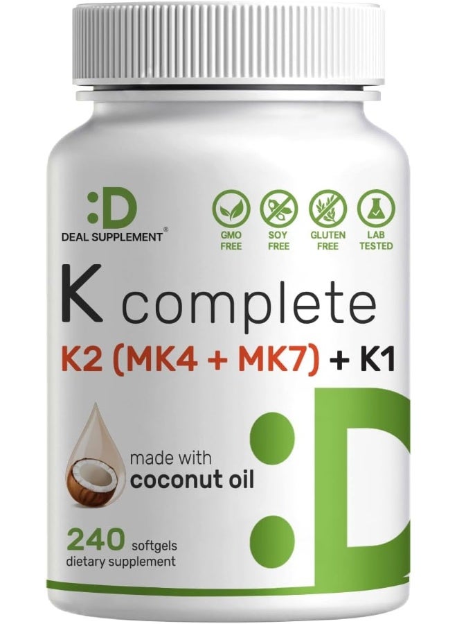 DEAL SUPPLEMENT فيتامين ك بريميوم كومبليت - فيتامين ك2 عالي الفعالية (Mk-7 و Mk-4) و K1، 240 كبسولة لينة مدعمة بزيت جوز الهند - طيف كامل من فيتامين ك الثلاثي، دعم مثالي لصحة العظام والقلب - Image 1