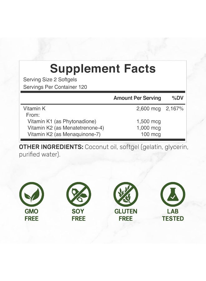 DEAL SUPPLEMENT فيتامين ك بريميوم كومبليت - فيتامين ك2 عالي الفعالية (Mk-7 و Mk-4) و K1، 240 كبسولة لينة مدعمة بزيت جوز الهند - طيف كامل من فيتامين ك الثلاثي، دعم مثالي لصحة العظام والقلب - Image 2