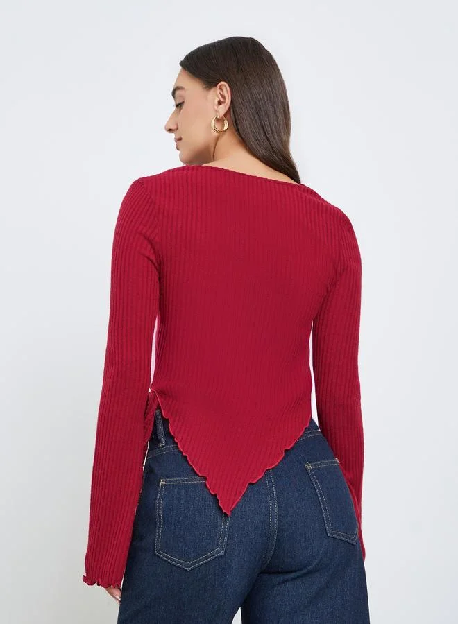 Styli Burgundy Ribbed Asymmetric Hem Long Sleeve Top