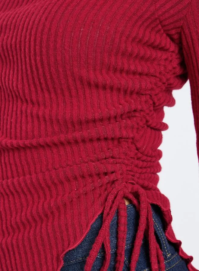 Styli Burgundy Ribbed Asymmetric Hem Long Sleeve Top