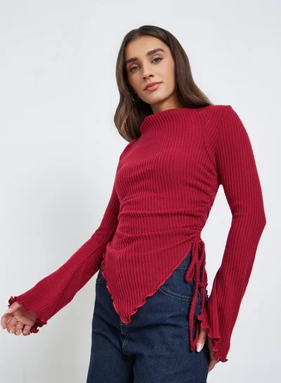 Styli Burgundy Ribbed Asymmetric Hem Long Sleeve Top