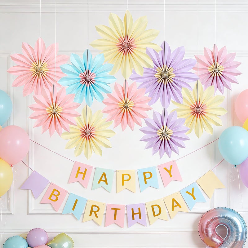 PAPER JAZZ Sunflower Party Decorations Pastel Paper Fans Party Decor Summer Beige Spring Decoration, Blue Pink Hanging Purple Flower Garland Sunflower Wall Decorations for Tea,Garden,Fairy Party. - Image 2