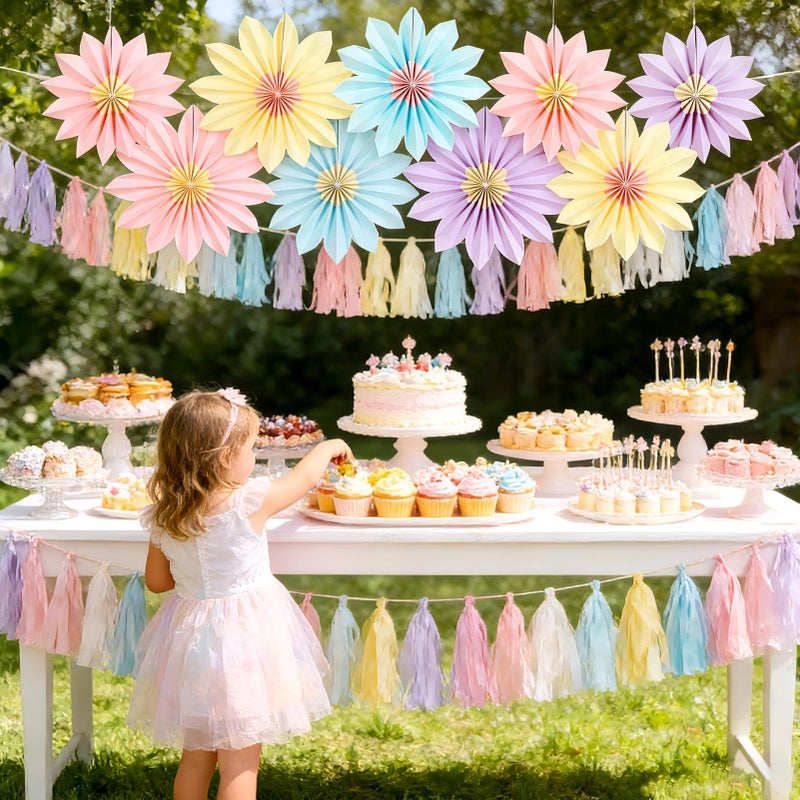PAPER JAZZ Sunflower Party Decorations Pastel Paper Fans Party Decor Summer Beige Spring Decoration, Blue Pink Hanging Purple Flower Garland Sunflower Wall Decorations for Tea,Garden,Fairy Party. - Image 5