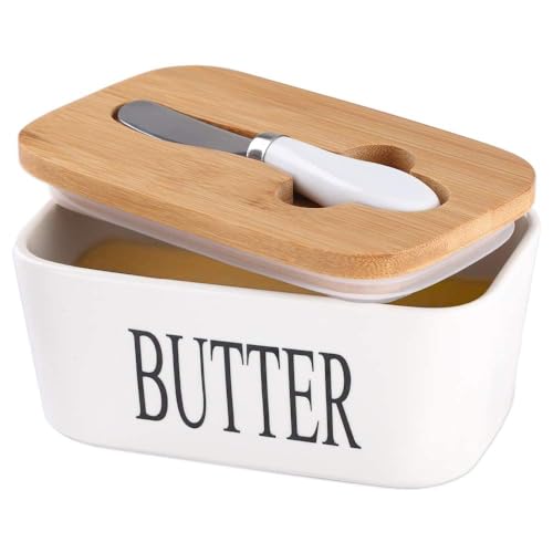 Kitssential® Ceramic Butter Dish with Wooden Lid, Large Butter Container Keeper Storage Plate with Steal Butter Knife, Bamboo Cover and Silicone Sealing Ring for West East Coast Butter, White (Large) - Image 1